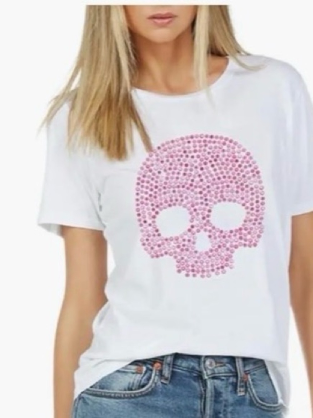 Lauren Moshi White Tee with Pink Rhinestone Skull Accent